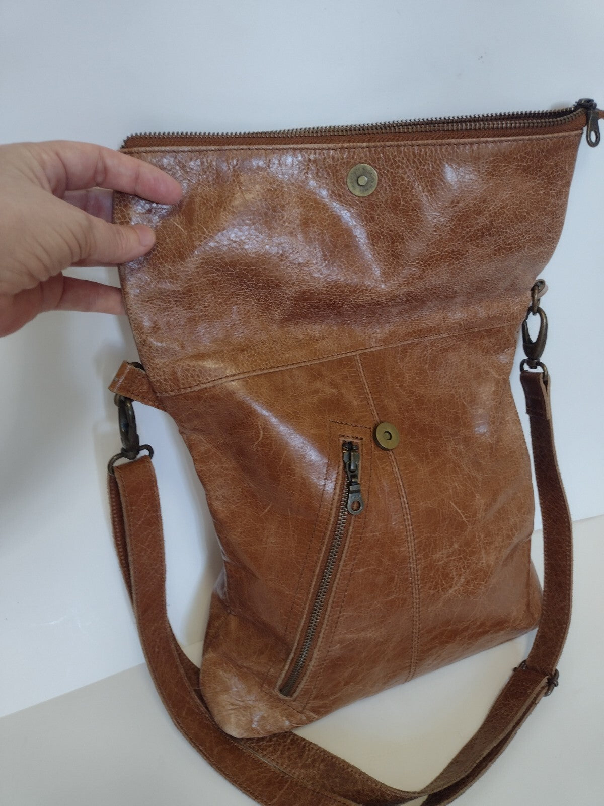 Brown Waxed Leather Foldover Crossbody Bag Boho Moto Messenger Distressed