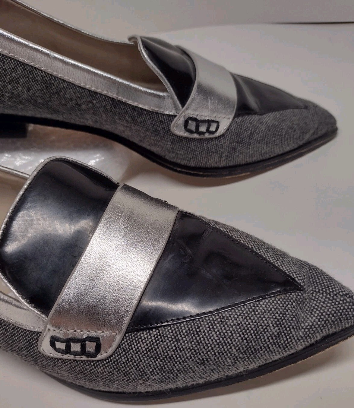 Boden Octavia Pointed Toe Loafers 39 Tweed Patent Leather Metallic SilverBoden