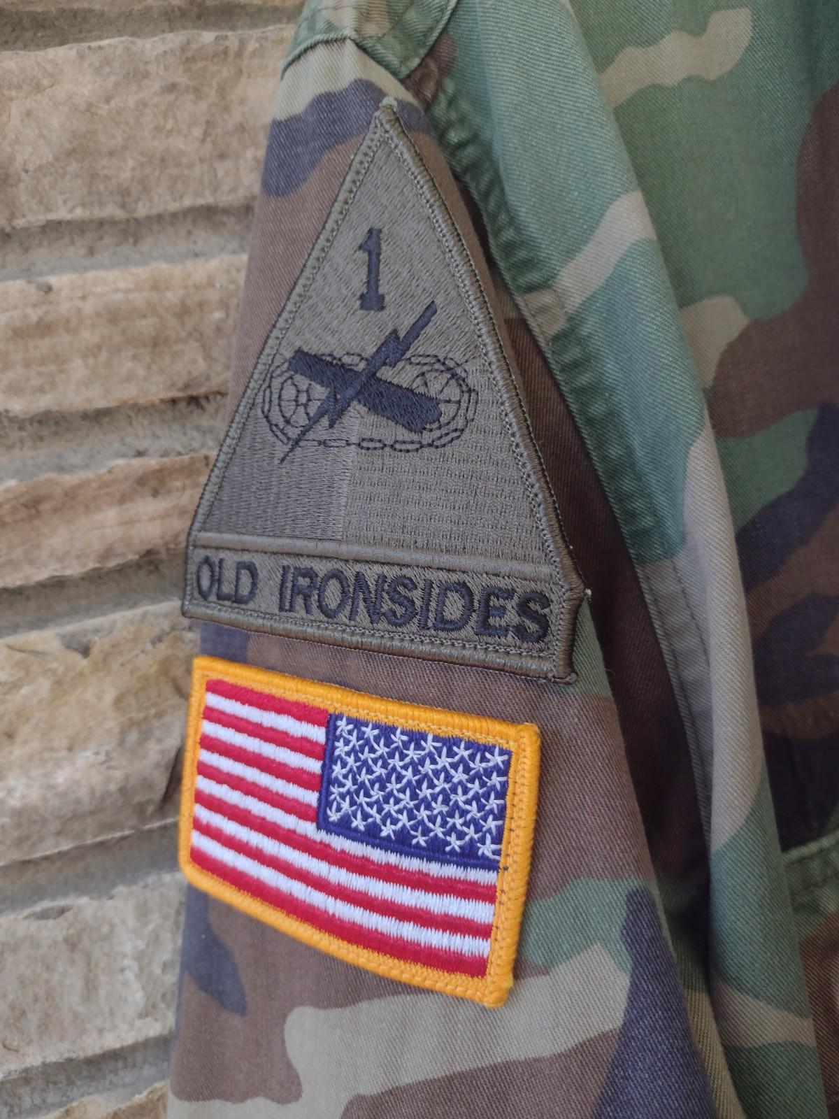 Vintage 80s U.S. Army Camo Jacket 1st Armored Division W ‘Old Ironsides’ Patches