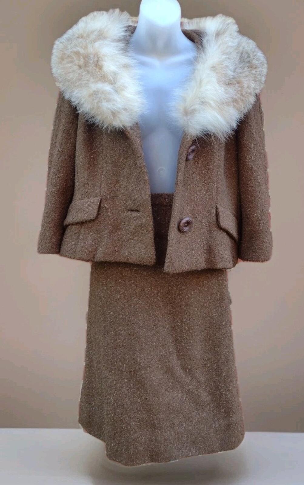 VTG 50s Zelinka Bouclé Wool Fox Fur Collar Coat Skirt Set Union Made Sz M