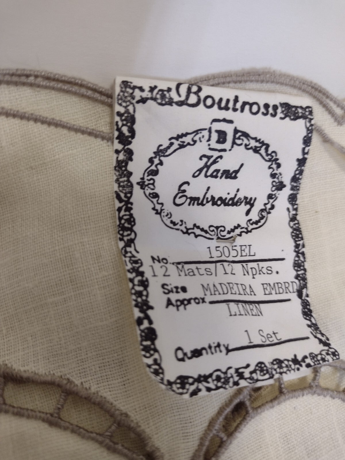 Vintage Boutross Madeira Linen Placemat Napkin Set 12 Hand Embroidered Cutwork