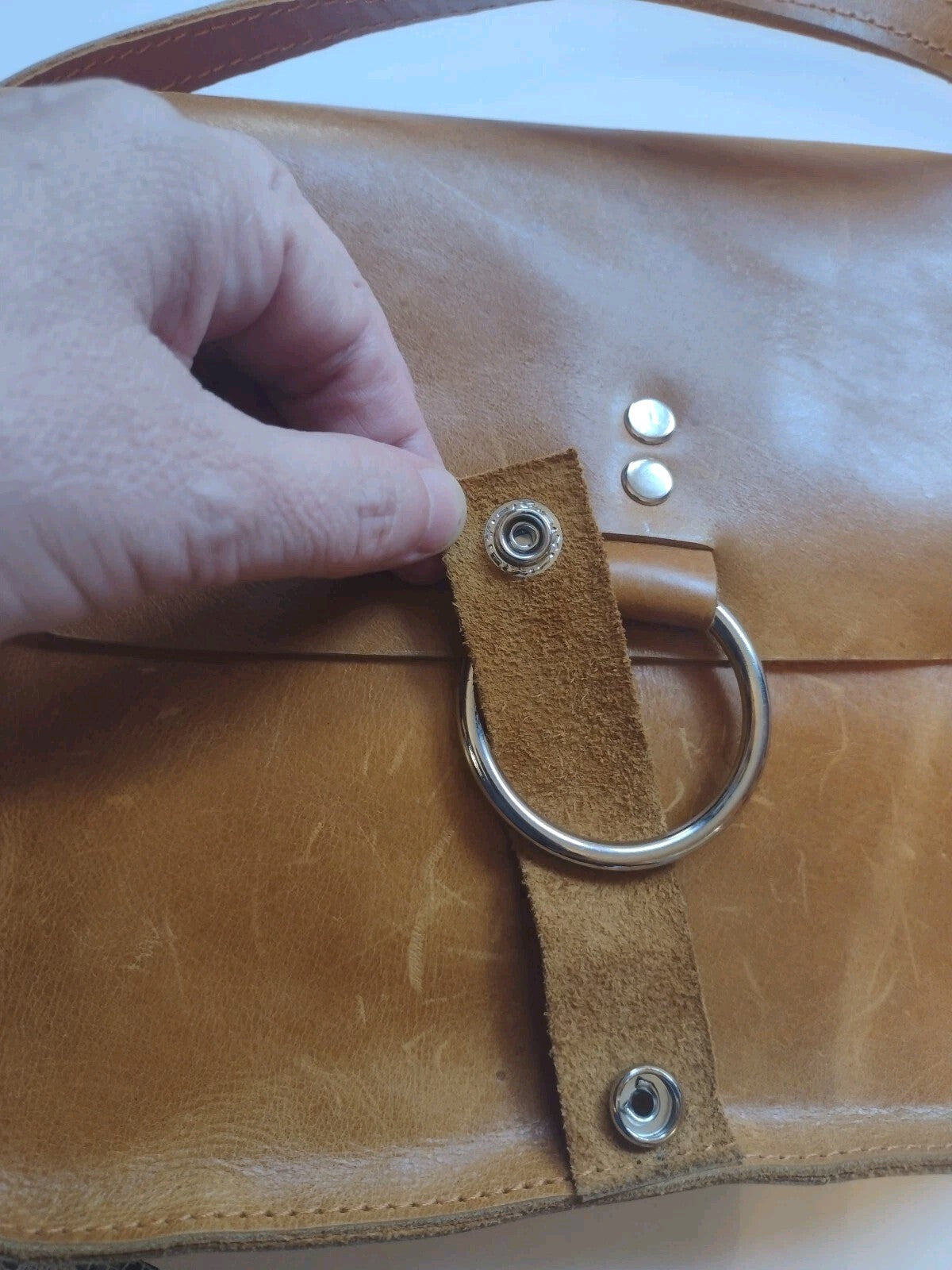 Boho Cognac Leather Crossbody Bag Artisan O Ring Shoulder Purse Rustic