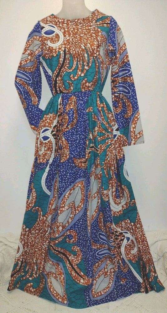 Grass-Fields African Print Ankara Maxi Dress Pockets Lined Boho Size 8