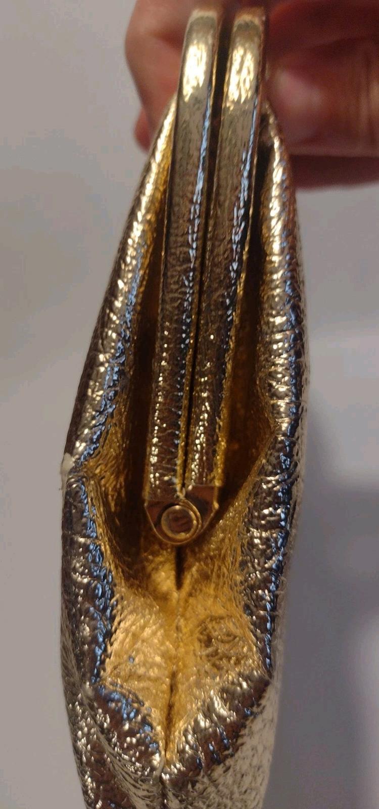 Vintage Gold Foil Faux Leather Clutch w/ Curved Clasp 70s Glam Bridal