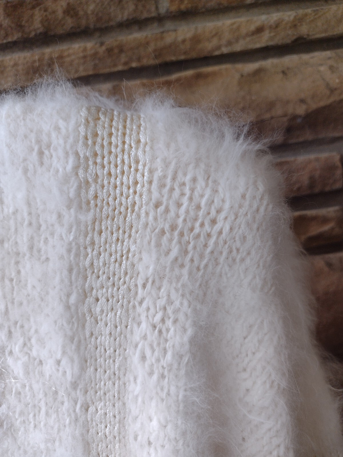 Vintage 80s Fuzzy Angora Sweater Cream Textured Knit Balloon Sleeve Shoulder Pad