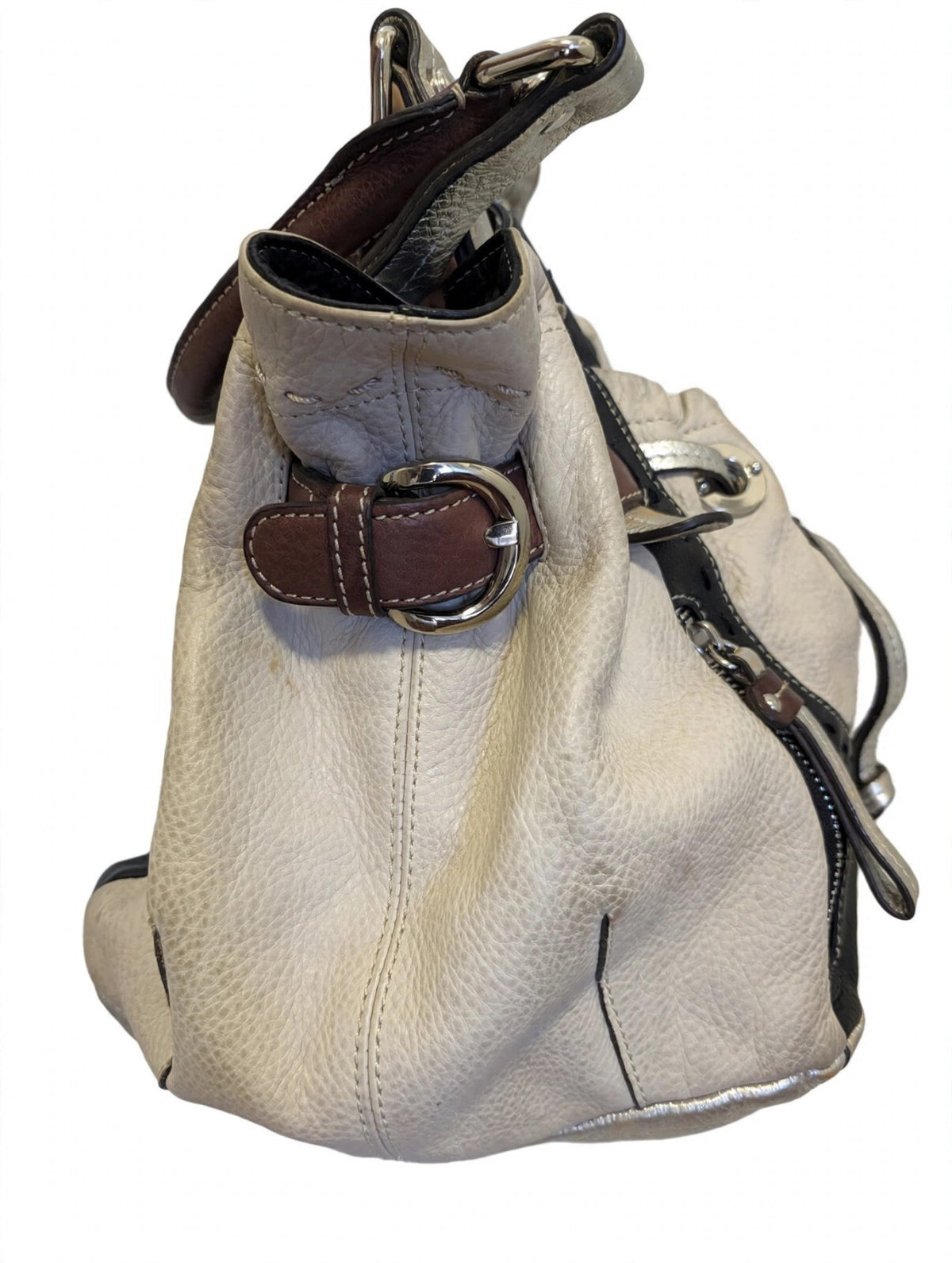 B. Makowsky Colorblock Pebbled Leather Satchel Beige Black Metallic Shoulder Bag