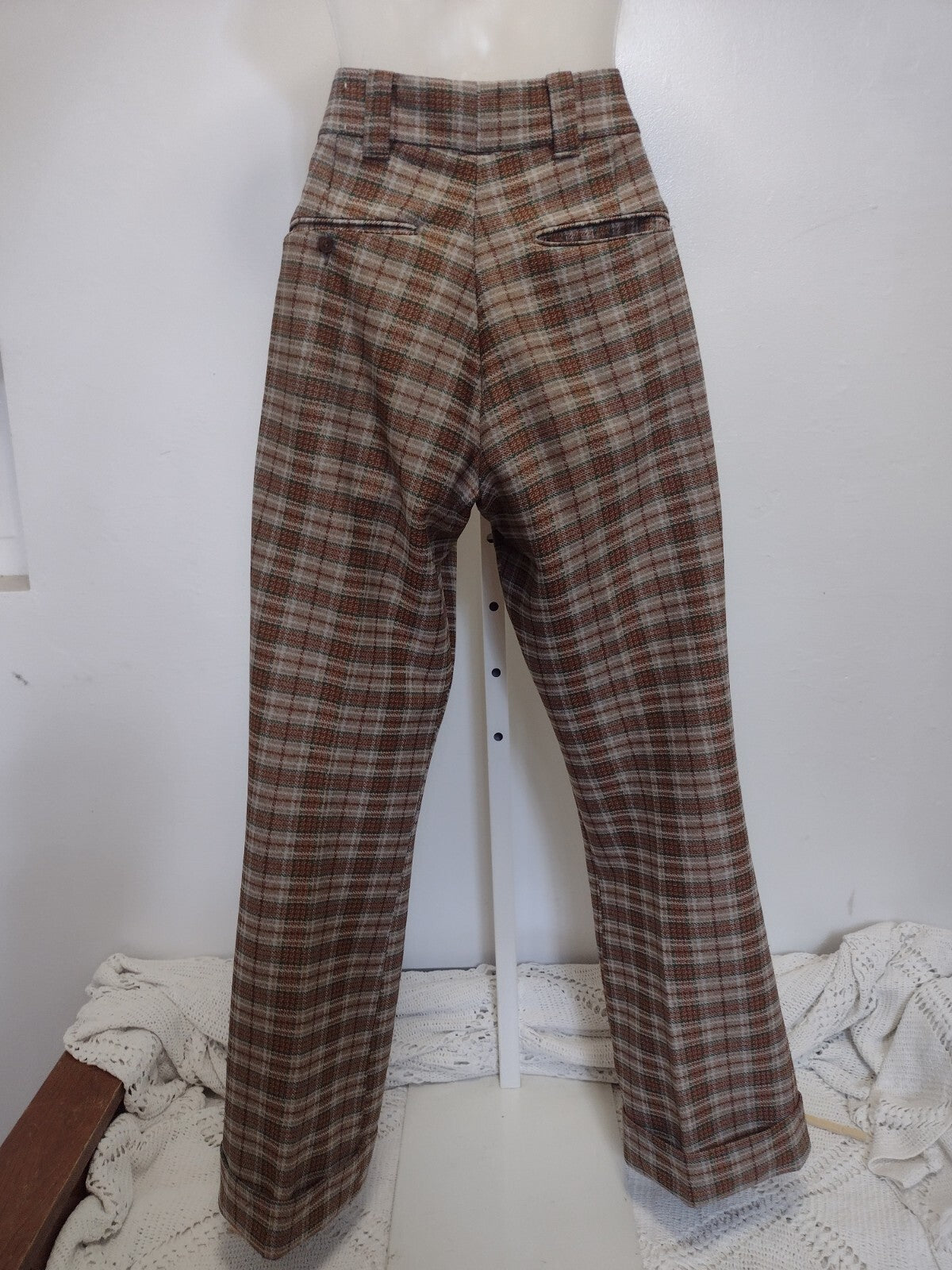 Vintage 70s Plaid Double Knit Pants Women High Waist Wide Leg Retro Medium