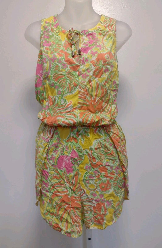 Lilly Pulitzer Target yellow pink green jungle rayon romper jumpsuit pockets XL
