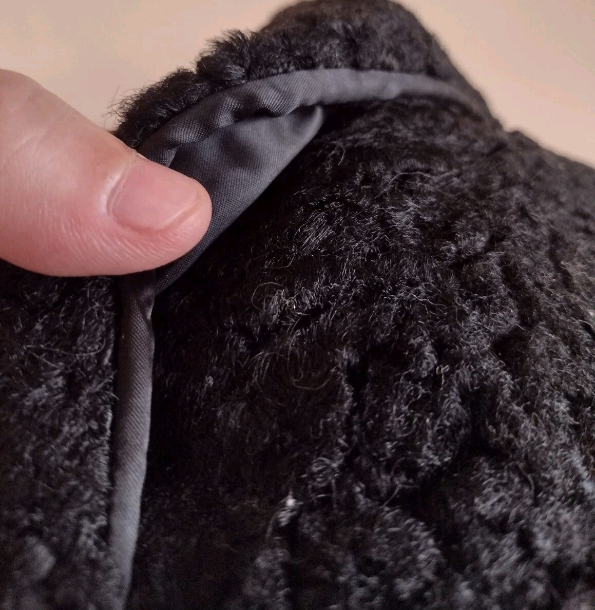 Vintage 1950s 60s Black Curly Lamb Fur Winter Cap Ear Flap Union Made Medium