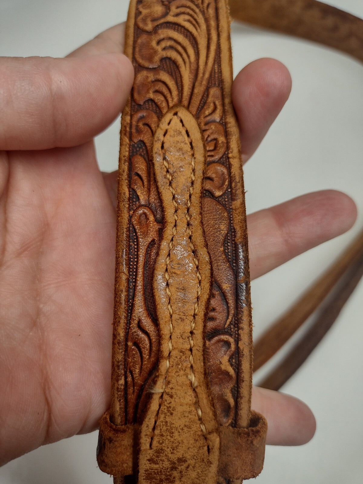 Vintage 80s Justin Western Ranger Belt Tooled Leather Brass Floral Red Stones 30