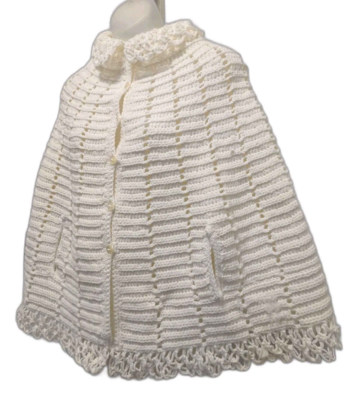 Vintage Hand Crocheted Cape White Scalloped Ruffle Collar Button Arm Slit OSFM