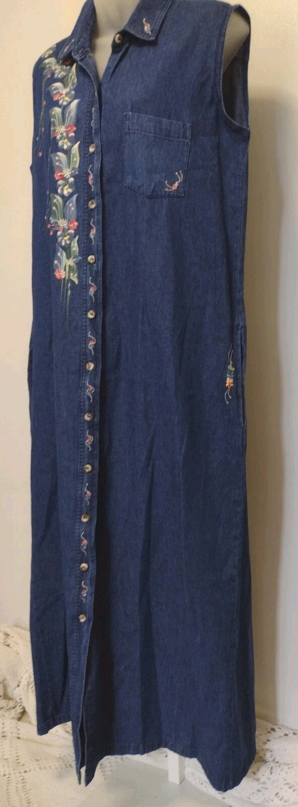 Vintage 90s Denim Maxi Dress M Susan Fetty Hand Painted Floral Wearable ArtSz M