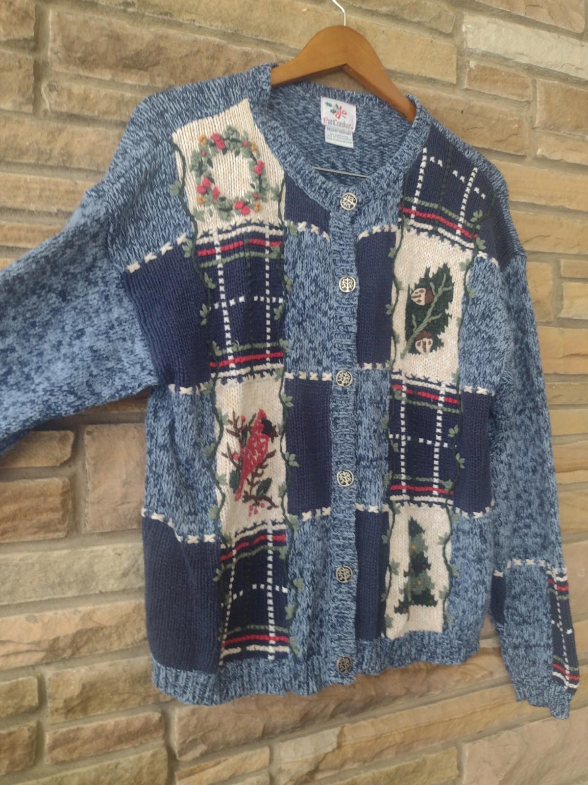 Nutcracker Ramie Cotton Blue Patchwork Cardinal Holiday Sweater Medium