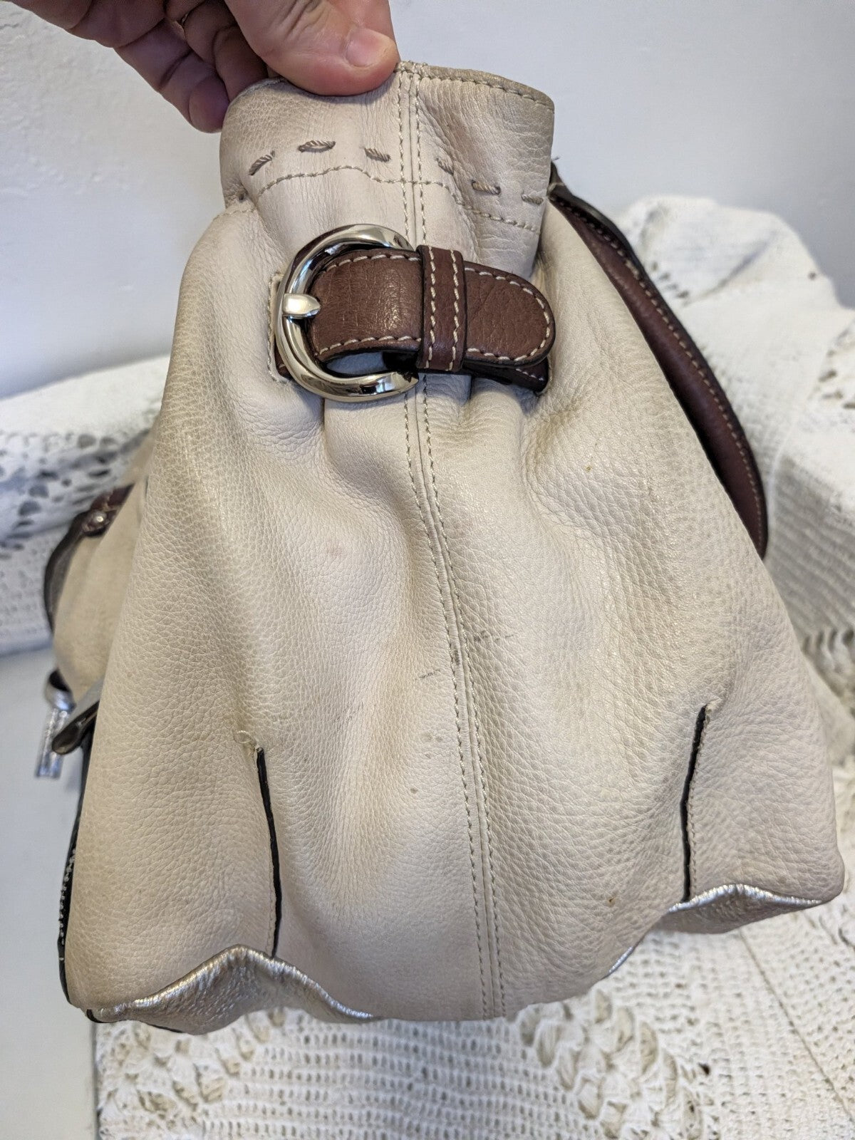 B. Makowsky Colorblock Pebbled Leather Satchel Beige Black Metallic Shoulder Bag