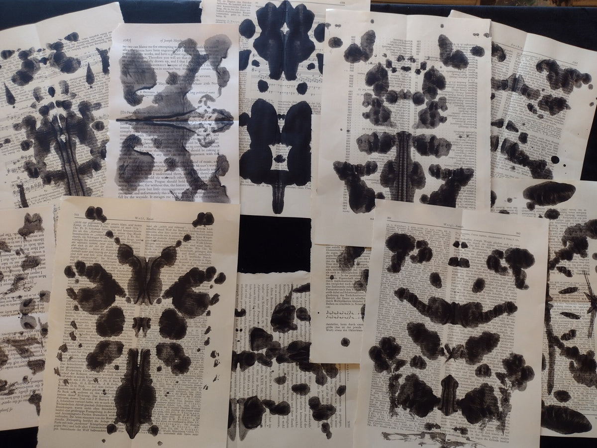Rorschach Inspired Inkblot Hand Painted Vintage Book Pages 10 Pc Gothic Ephemera