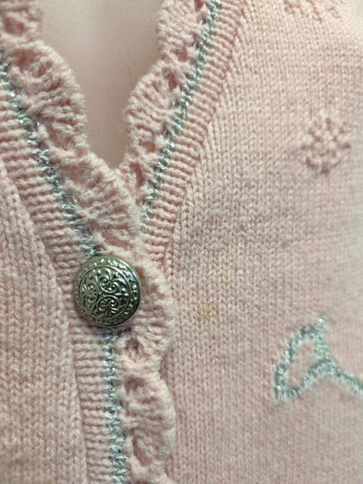 Vintage Southern Lady Sweater Vest Pink Christmas Angel Silver Snowflake XL