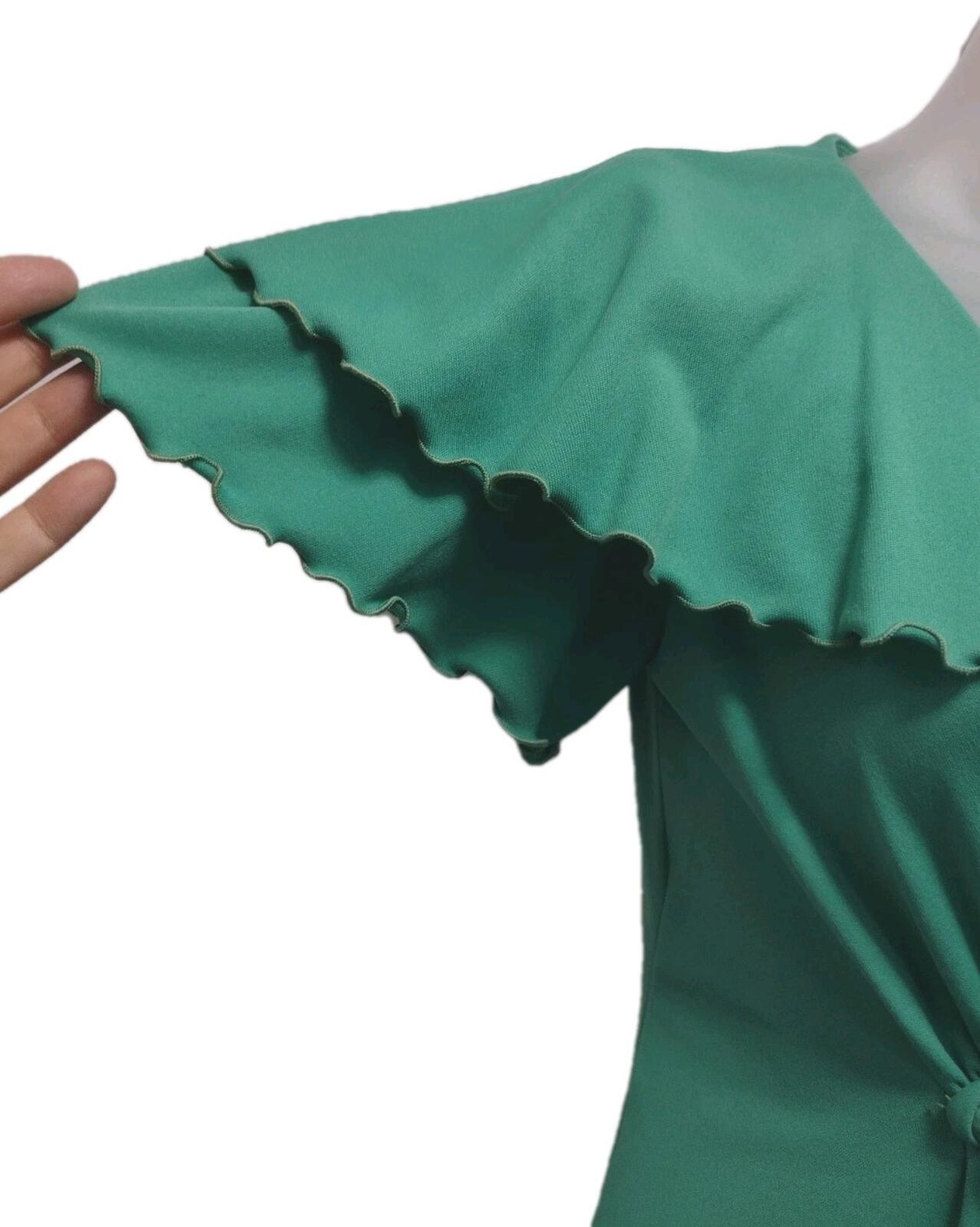 70s Green Polyester Empire Waist Maxi Dress Flutter Sleeve M