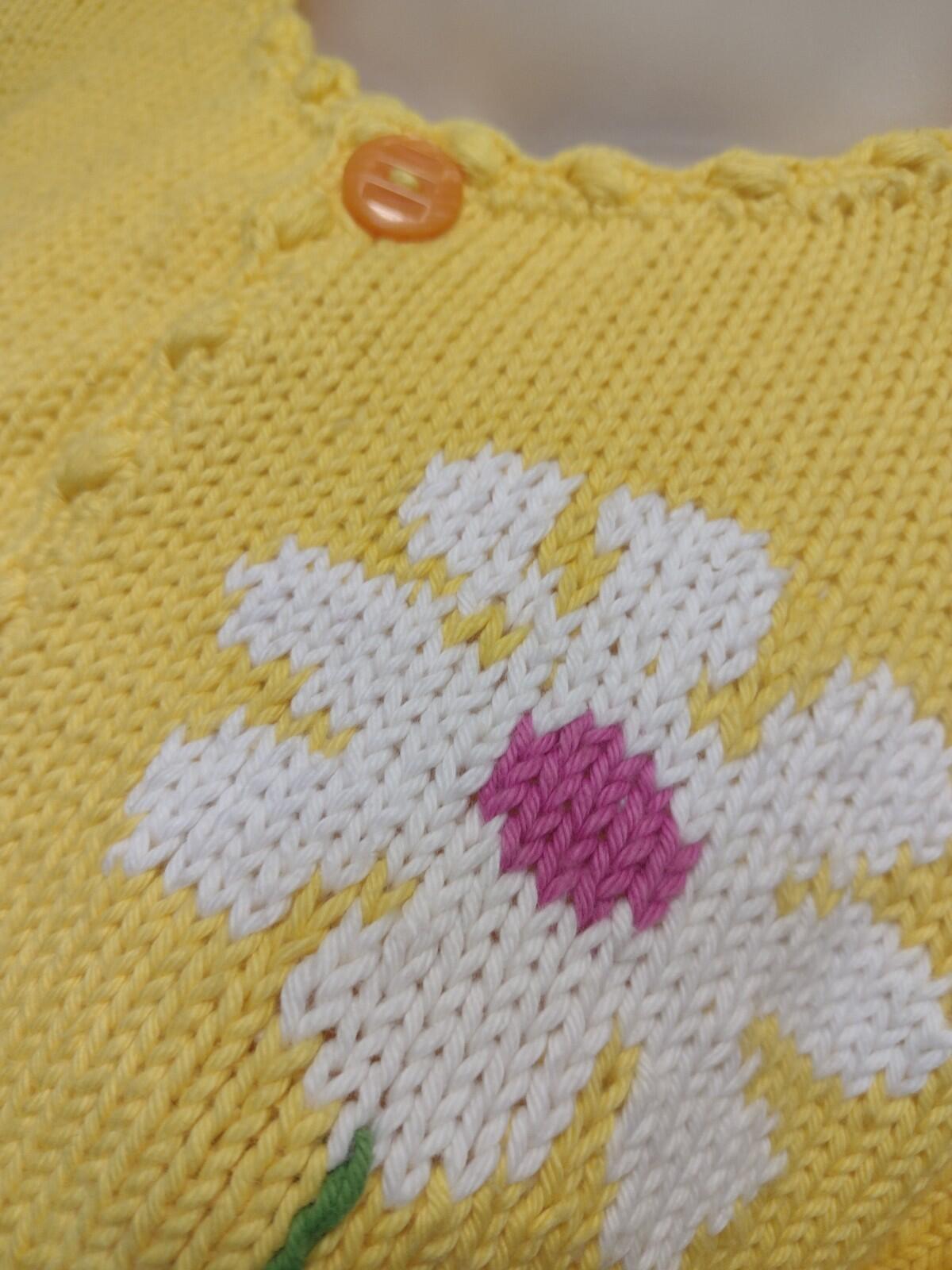 Rey Wear Hand Knit Bolivia Cotton Daisy Cardigan M Popcorn Stitch Yellow