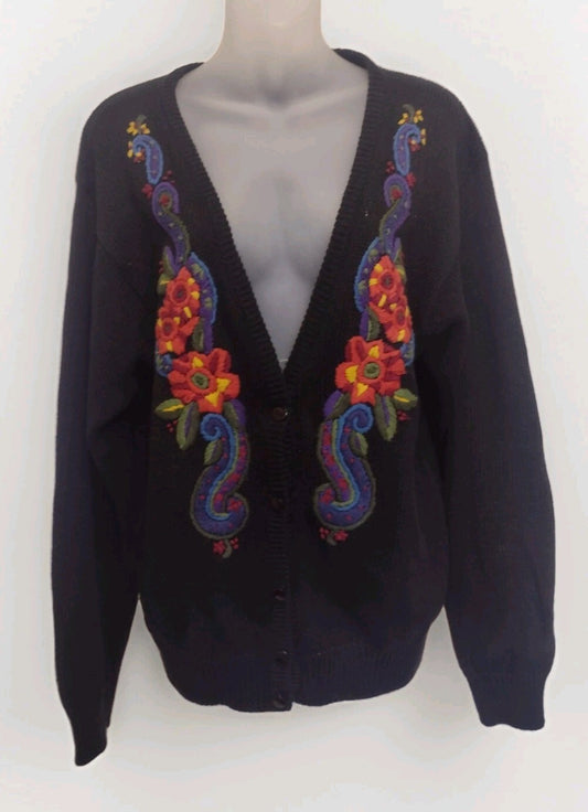 Cardigan Sweater Vintage 90s Liz Baker 22W Embroidered Floral Paisley Boho
