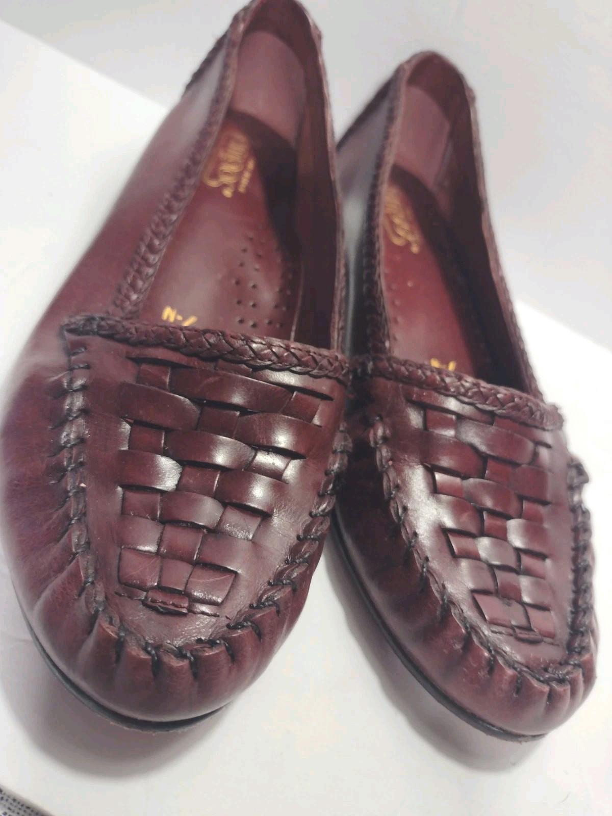VTG 80s Tempos Woven Leather Loafers 7N Brazil Burgundy Brown Slip On