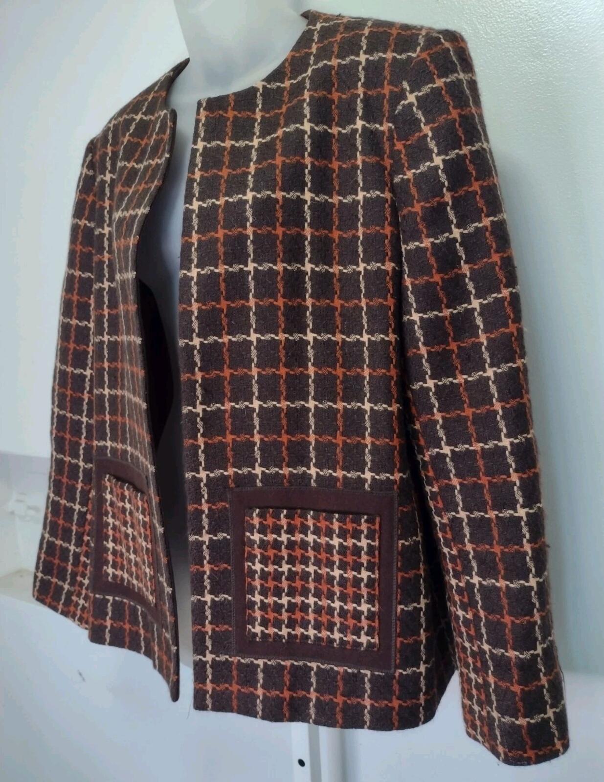 VTG 80s Harve Benard 70s Style Wool Tweed Plaid Jacket Brown Orange Cream Sz 14