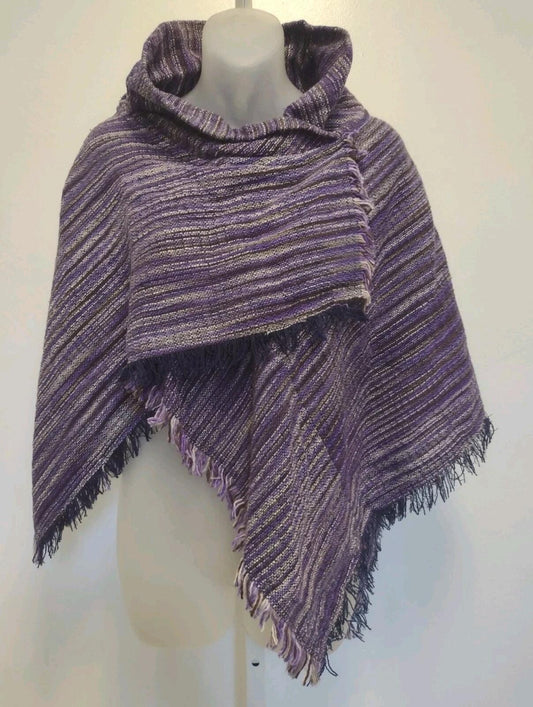 Handwoven Thai Cotton Poncho Purple Striped Fringe Shawl Snap Neck