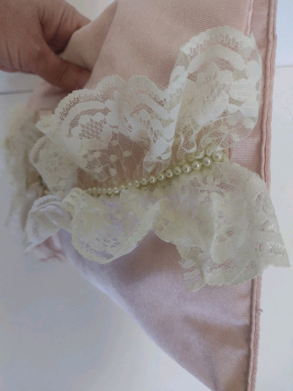 Vintage 80s Victoria's Secret Satin Lingerie Pouch Clutch Pink Lace Pearl Bridal