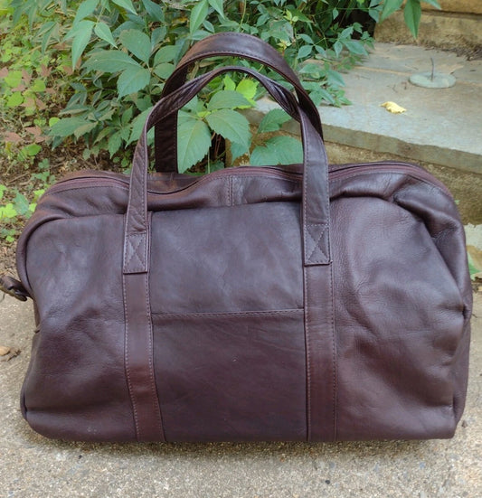 Vintage Genuine Leather Duffel Bag Chocolate Brown Weekender Travel Carry On