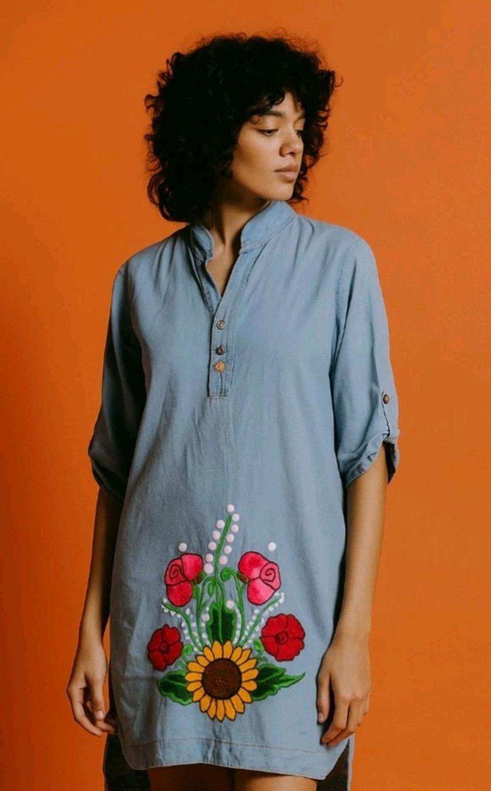 Vintage Denim Dress S/M Embroidered Sunflowers Roses Militaires Equipments