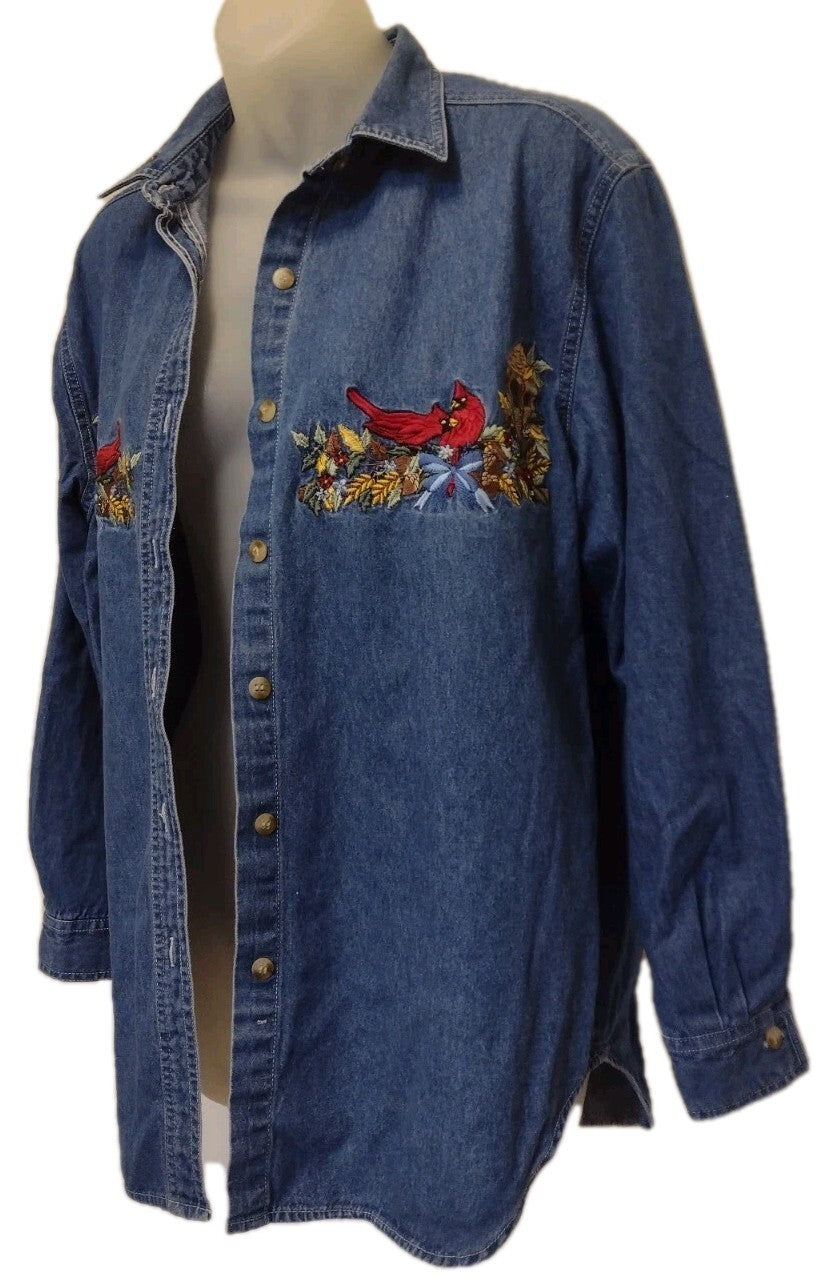 Vintage Denim Shirt Embroidered Cardinals Birdhouse Cotton Button Up Women's L