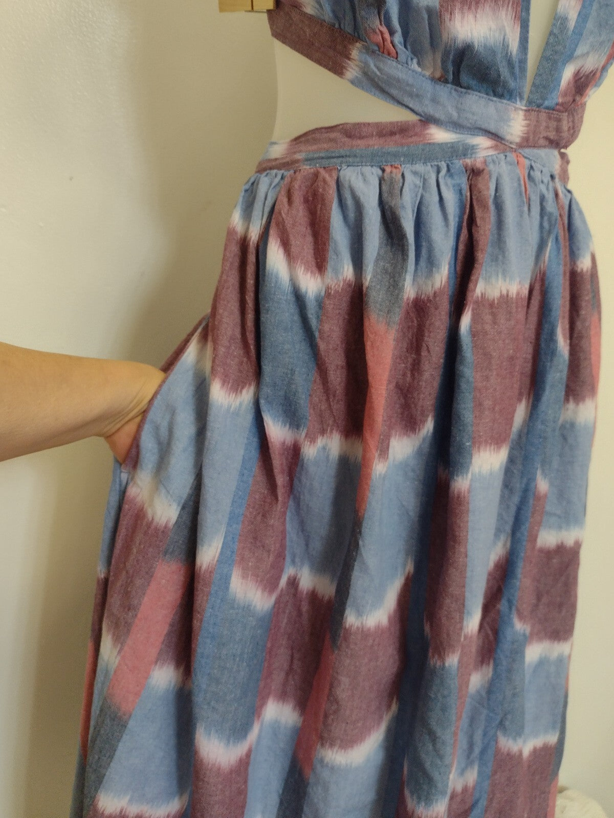 Anthropologie Womens Deep V Midi Dress Large NWT Halter Open Back Boho Ikat