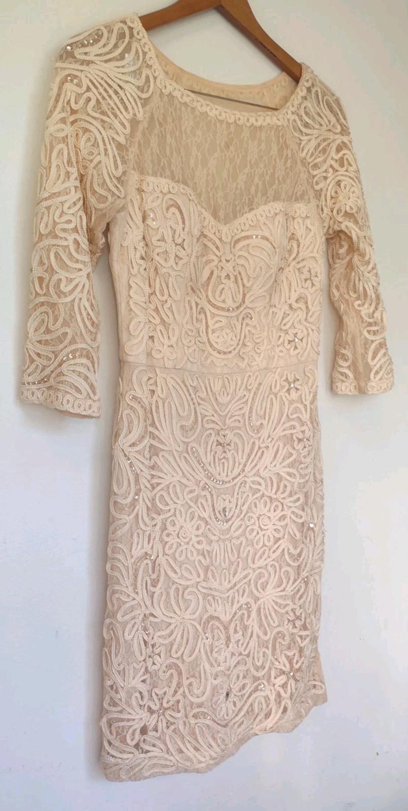 Sue Wong Nocturne Champagne Beaded Lace Embroidered Cocktail Dress Sz 8