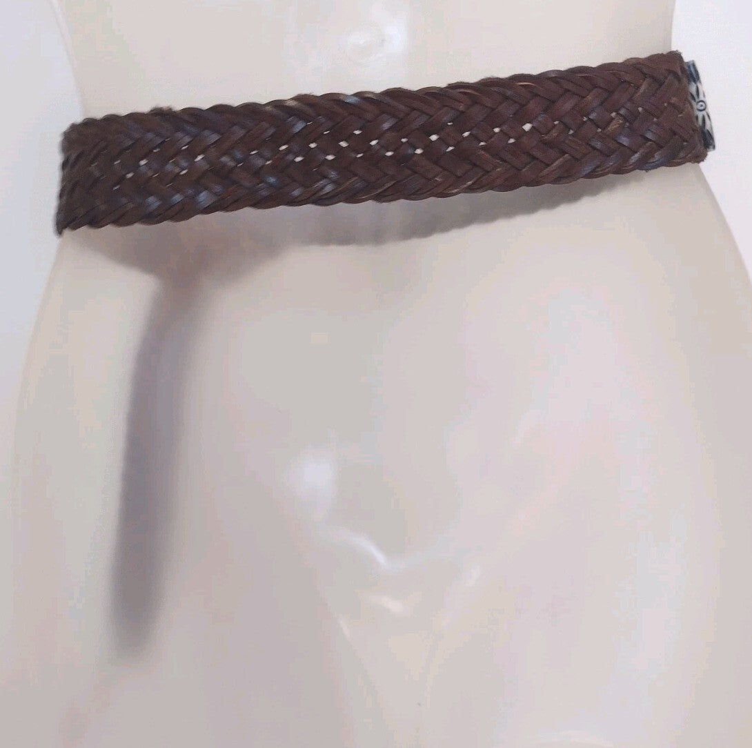 Vintage Artisan Braided Leather Belt Beaded Boho Statement Brown 43 Inch