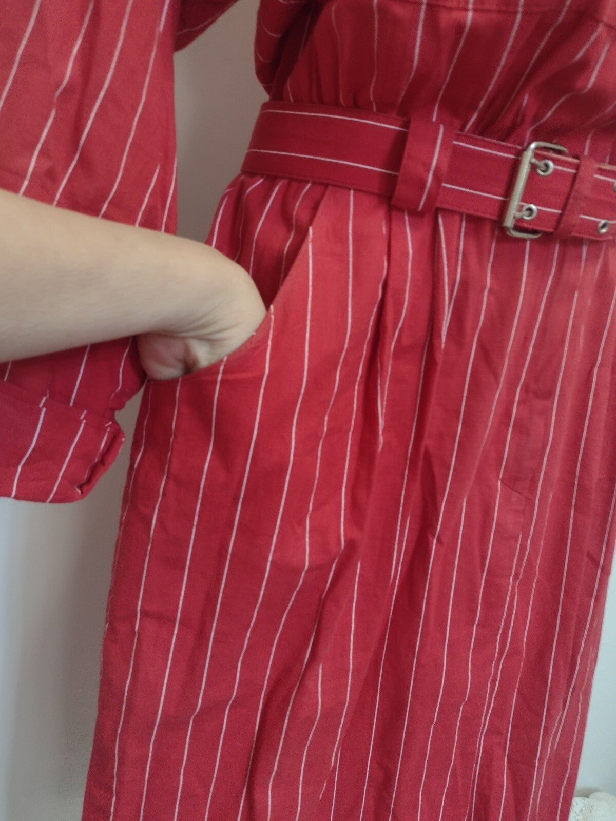 Vintage 1980s Womens Virgo II Dress Red Pinstripe Belted Power Dressing M/L