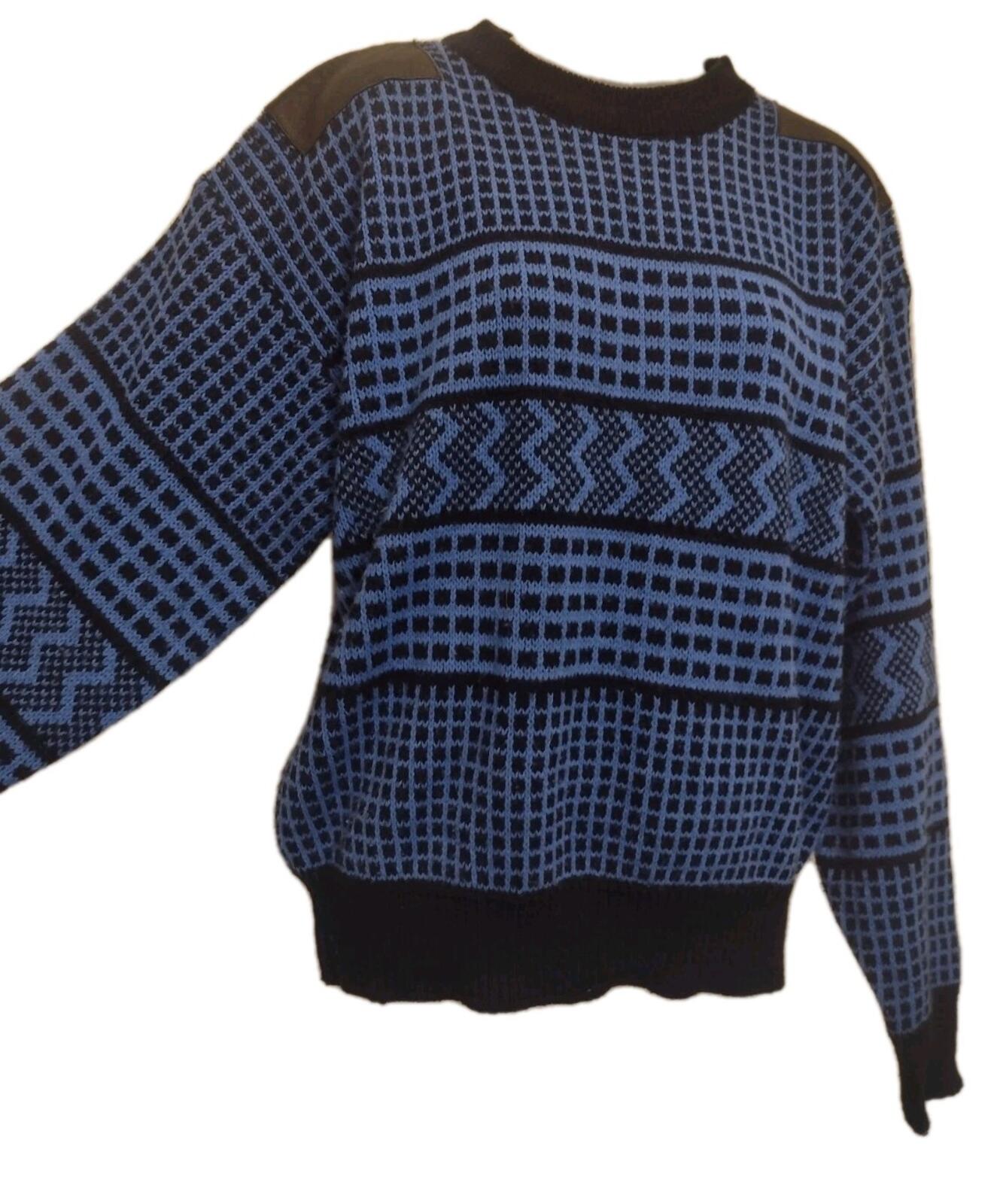 VTG 80s Men's Jonie Geometric Sweater L Korea Blue Black Knit Leather Patches