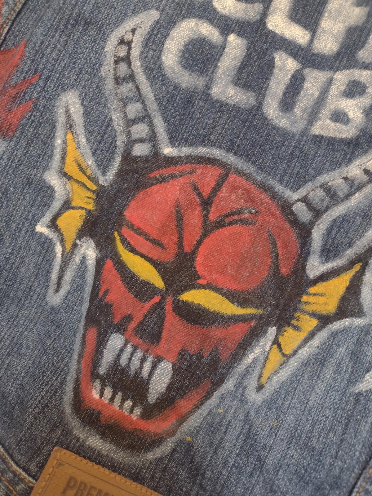 Eddie Bauer Hand Painted Hellfire Club Denim Jacket Youth 10/12 Custom Art