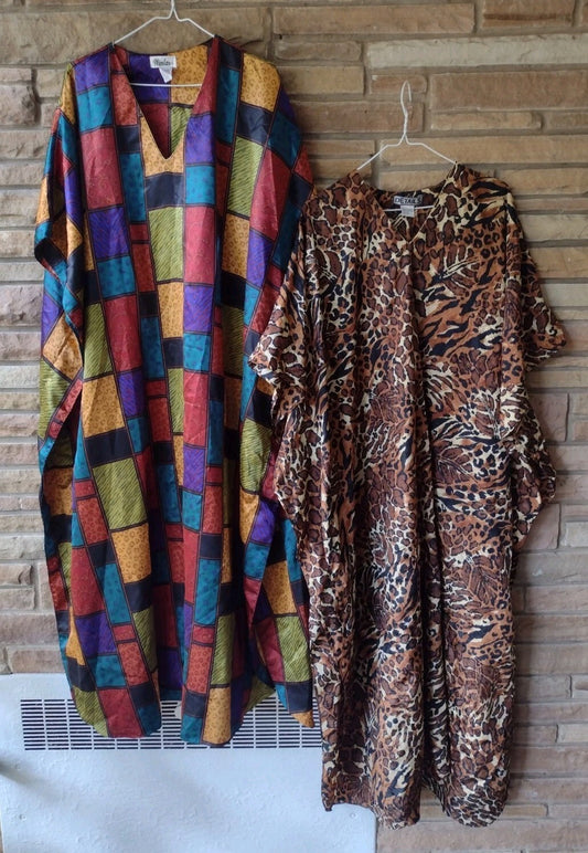 Vintage Womens Caftan Lot 2 One Size Animal Print Satin Lounge Maxi Dresses