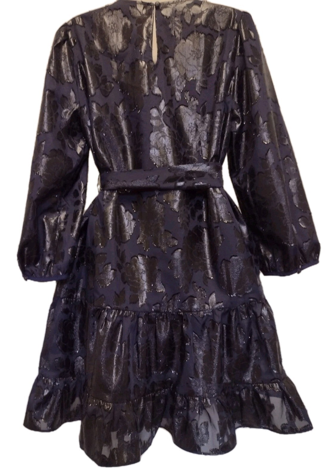 Kate Spade Full Bloom Dress Whimsy Goth Metallic Floral Tiered Ruffle Belt L