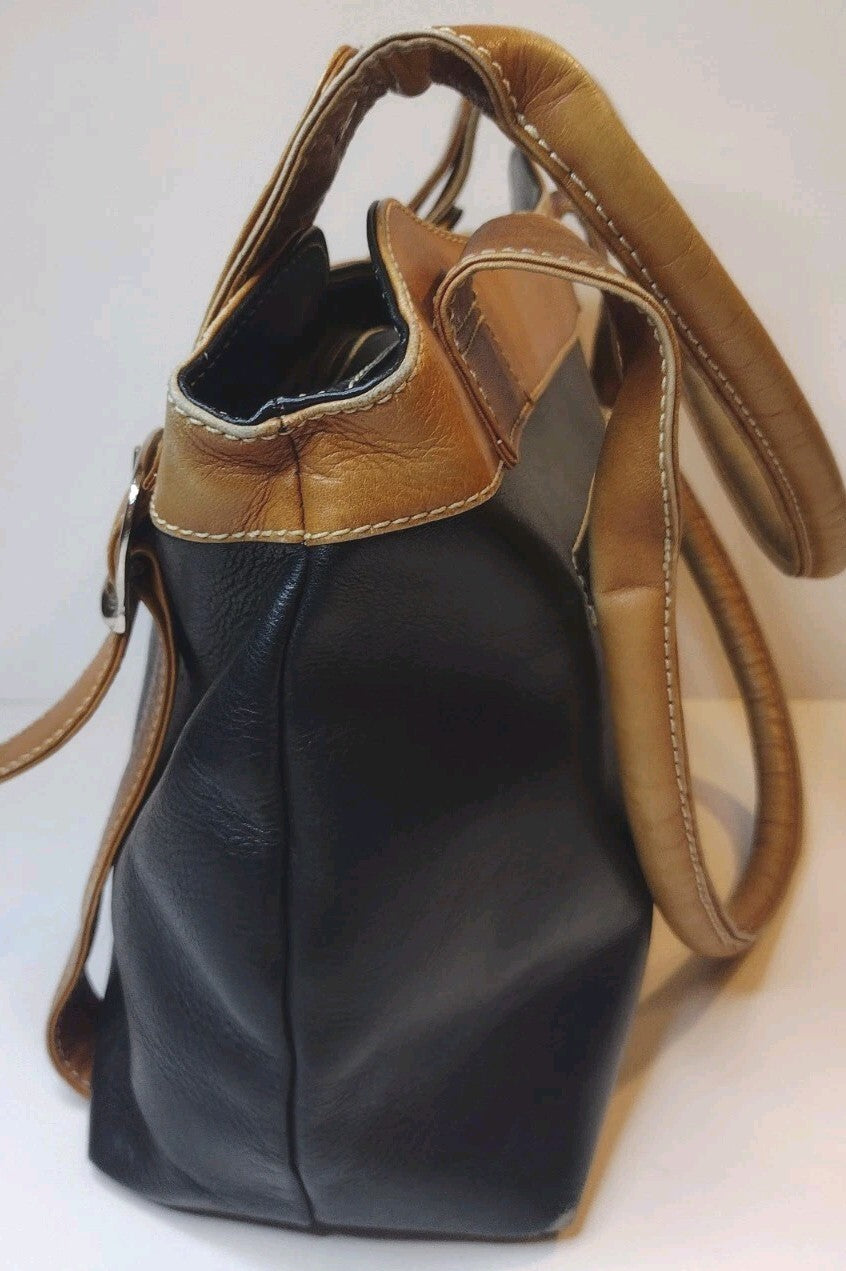 Genuine Leather Shoulder Tote Bag Black Tan Y2K Buckle Satchel Work Office Purse