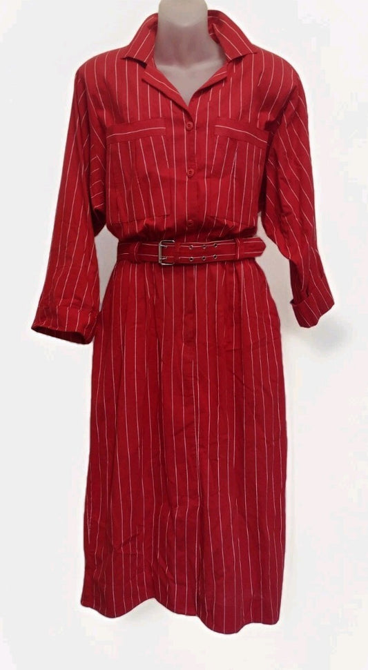 Vintage 1980s Womens Virgo II Dress Red Pinstripe Belted Power Dressing M/L