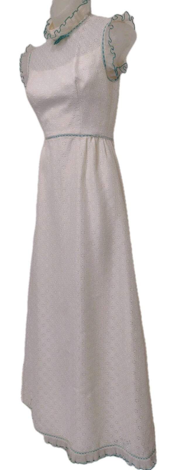 Vintage 70s Nadine Prairie Maxi Dress Ivory Lace Turquoise Victorian XS