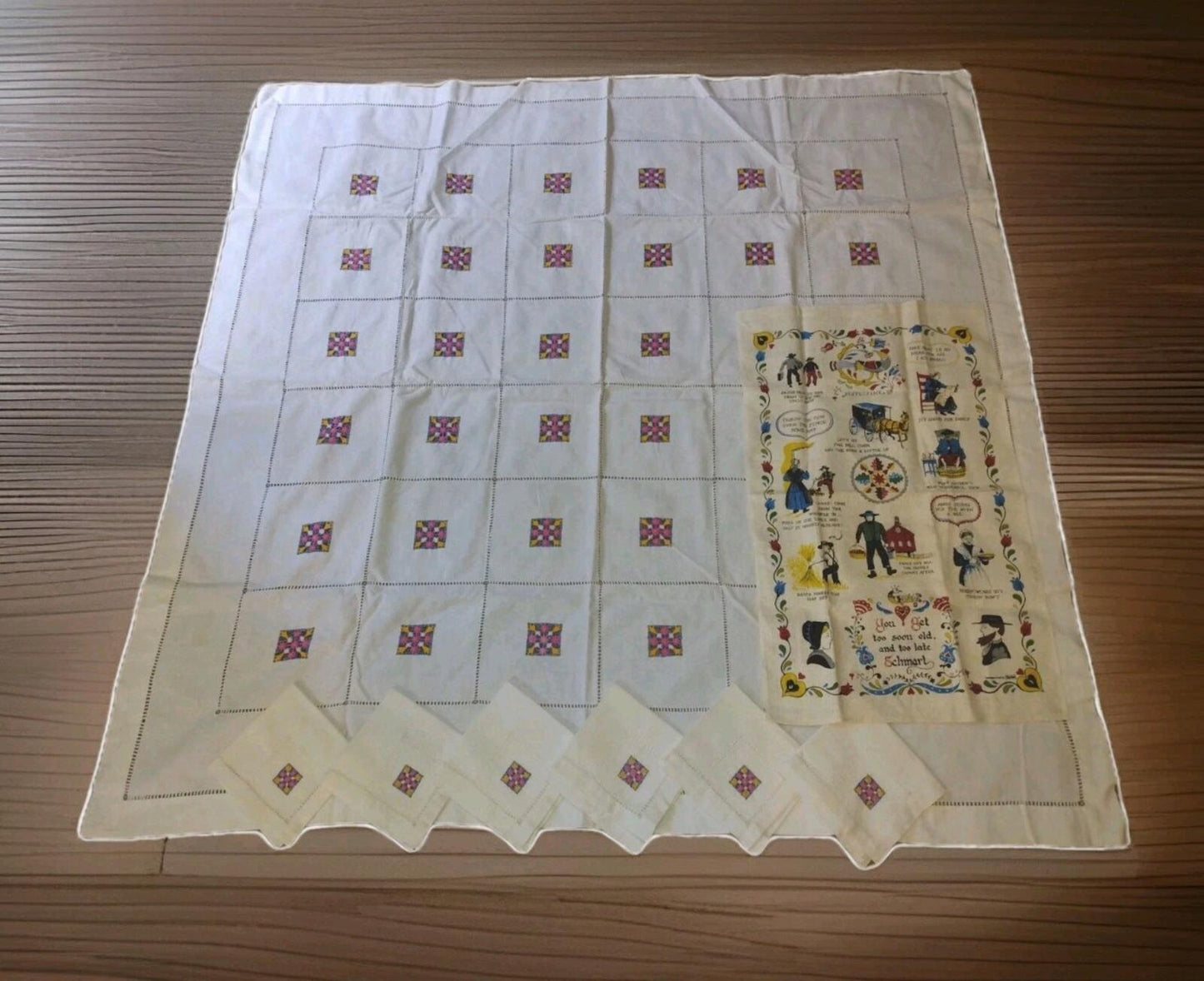 Vintage 40s Linen Tablecloth Napkins Set + PA Dutch Towel Embroidered Cutwork