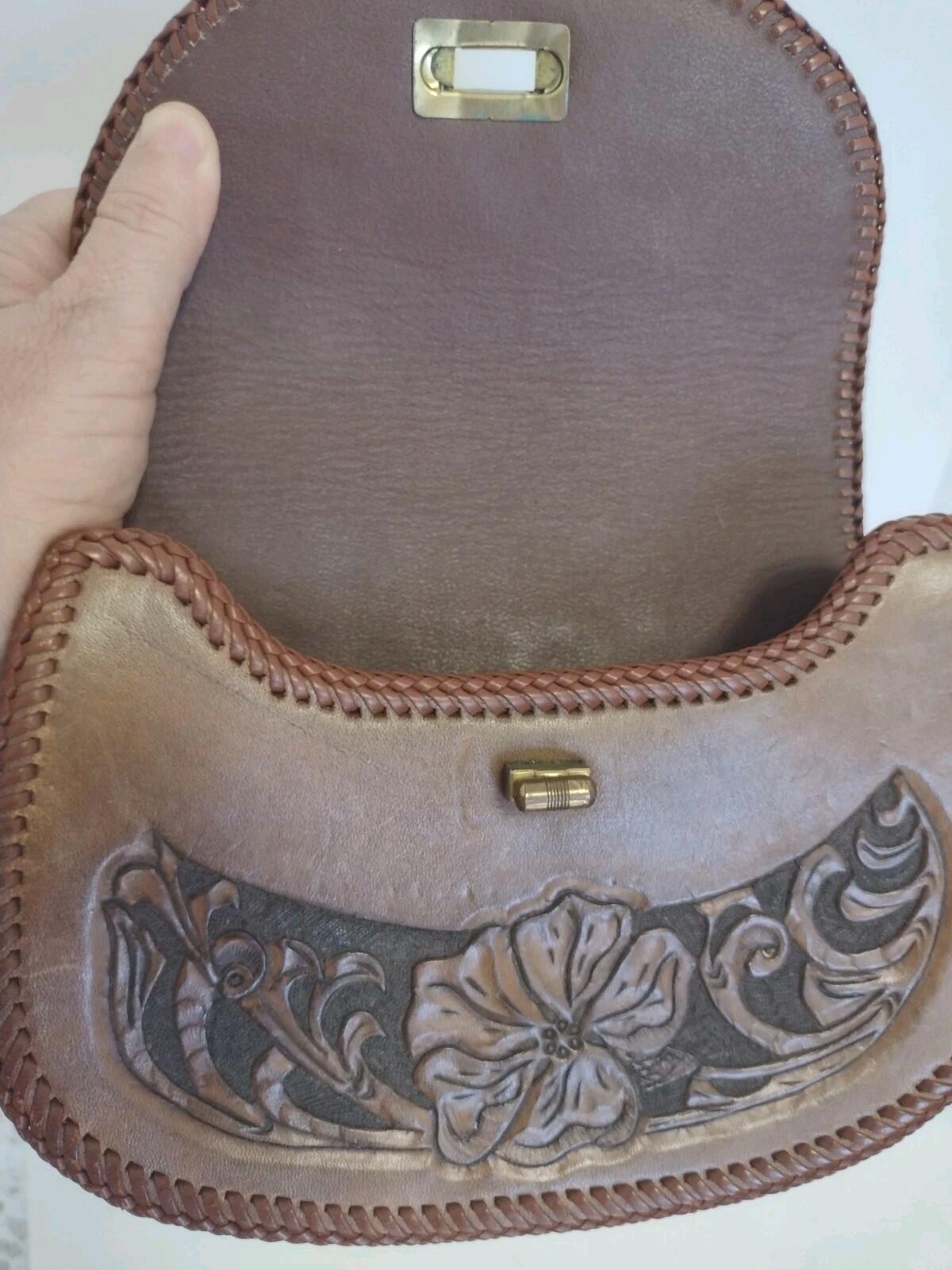 VTG 60s Hand Tooled Leather Clutch Floral Boho Western Artisan Structured Purse