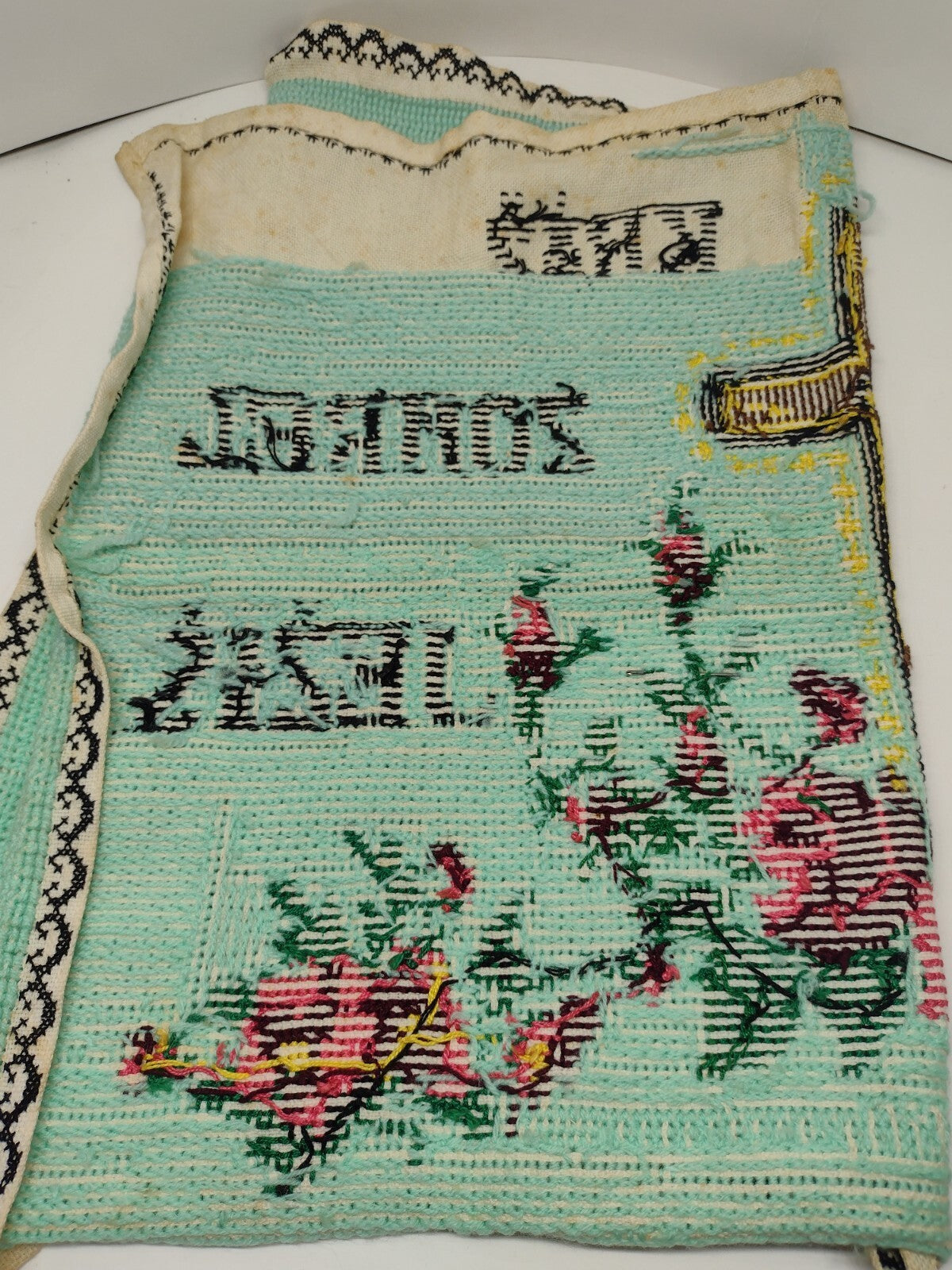 Vintage 40s Slovak Christian Needlepoint Holy Cross Jesus Roses Folk Art Textile