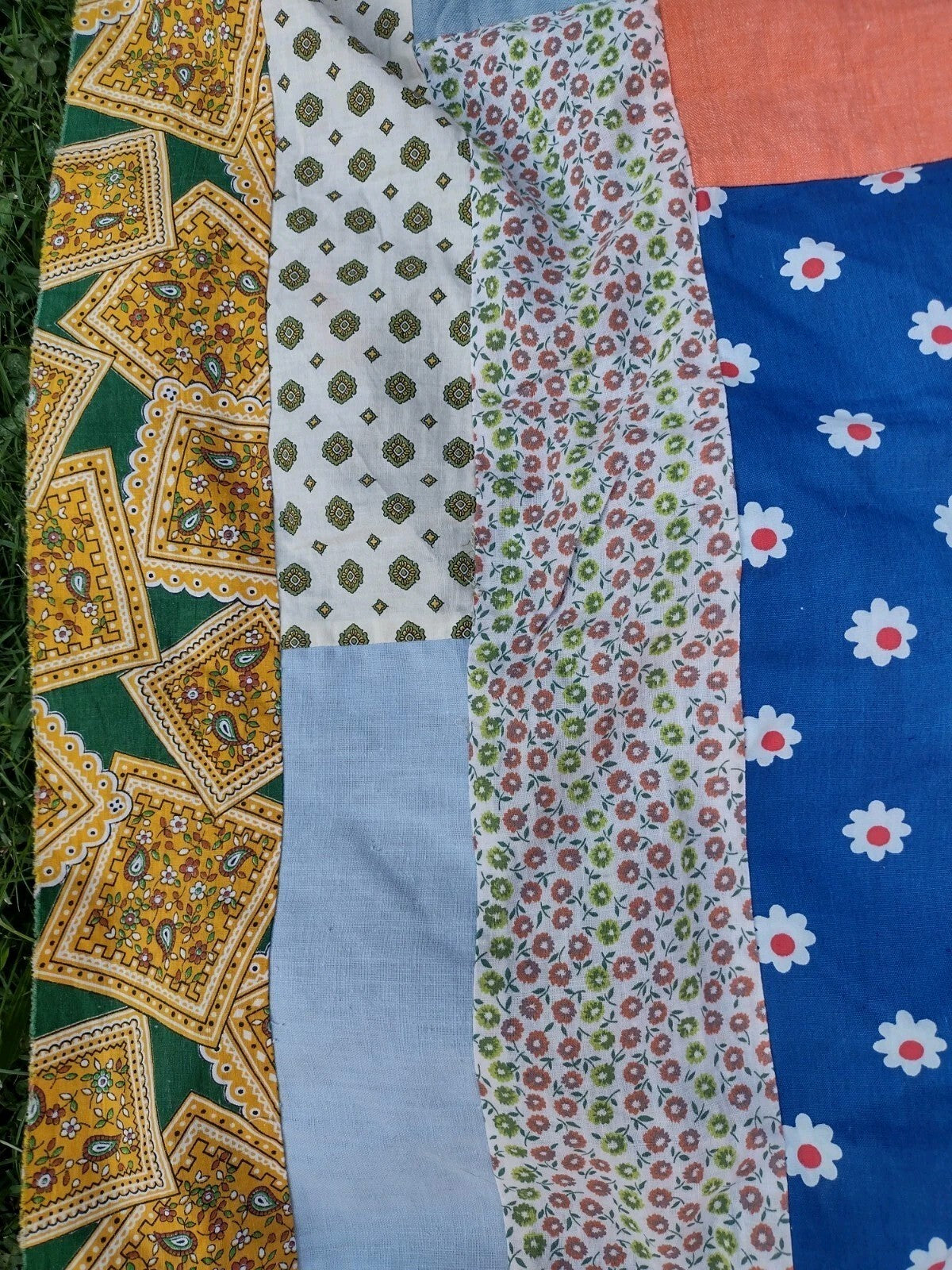 Vintage 80s Handmade Scrap Quilt Top 86x82 Make Do Patchwork Folk Art Textile