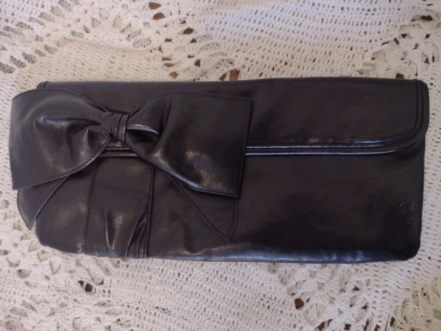 Vintage Black Faux Leather Bow Clutch & Matching Belt Set 80s 90s Evening
