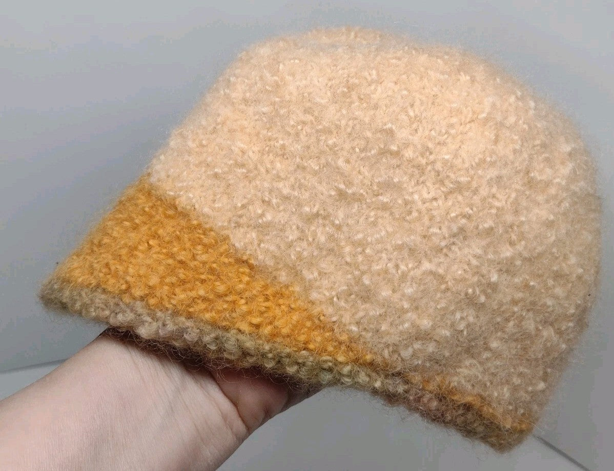 Vintage 70s Hand Knit Fuzzy Wool Blend Cloche Hat Peach Orange Brown Boho