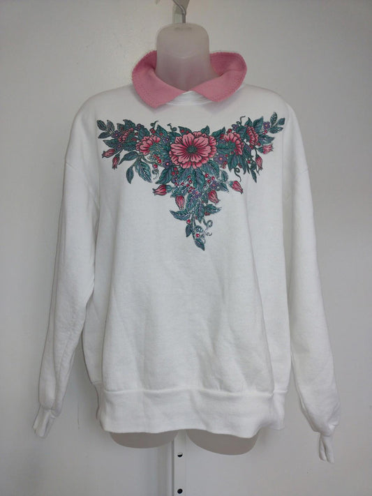 Vintage 90s Whim Z USA Floral Puff Paint Sweatshirt Mock Collar Pink Trim L