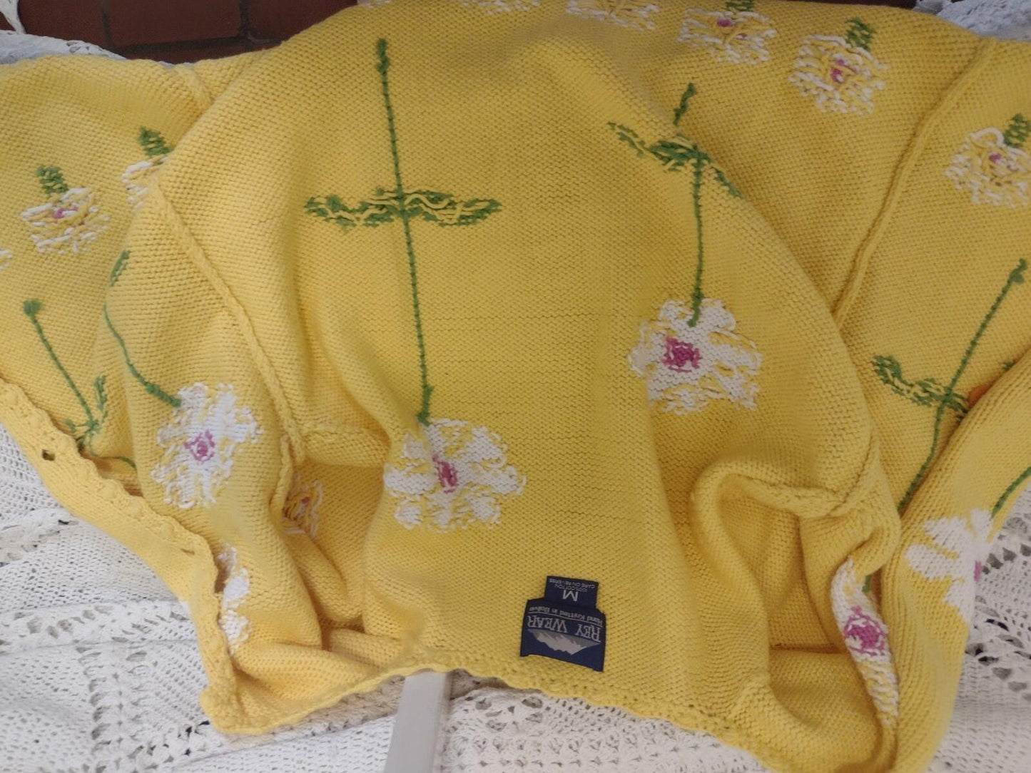 Rey Wear Hand Knit Bolivia Cotton Daisy Cardigan M Popcorn Stitch Yellow