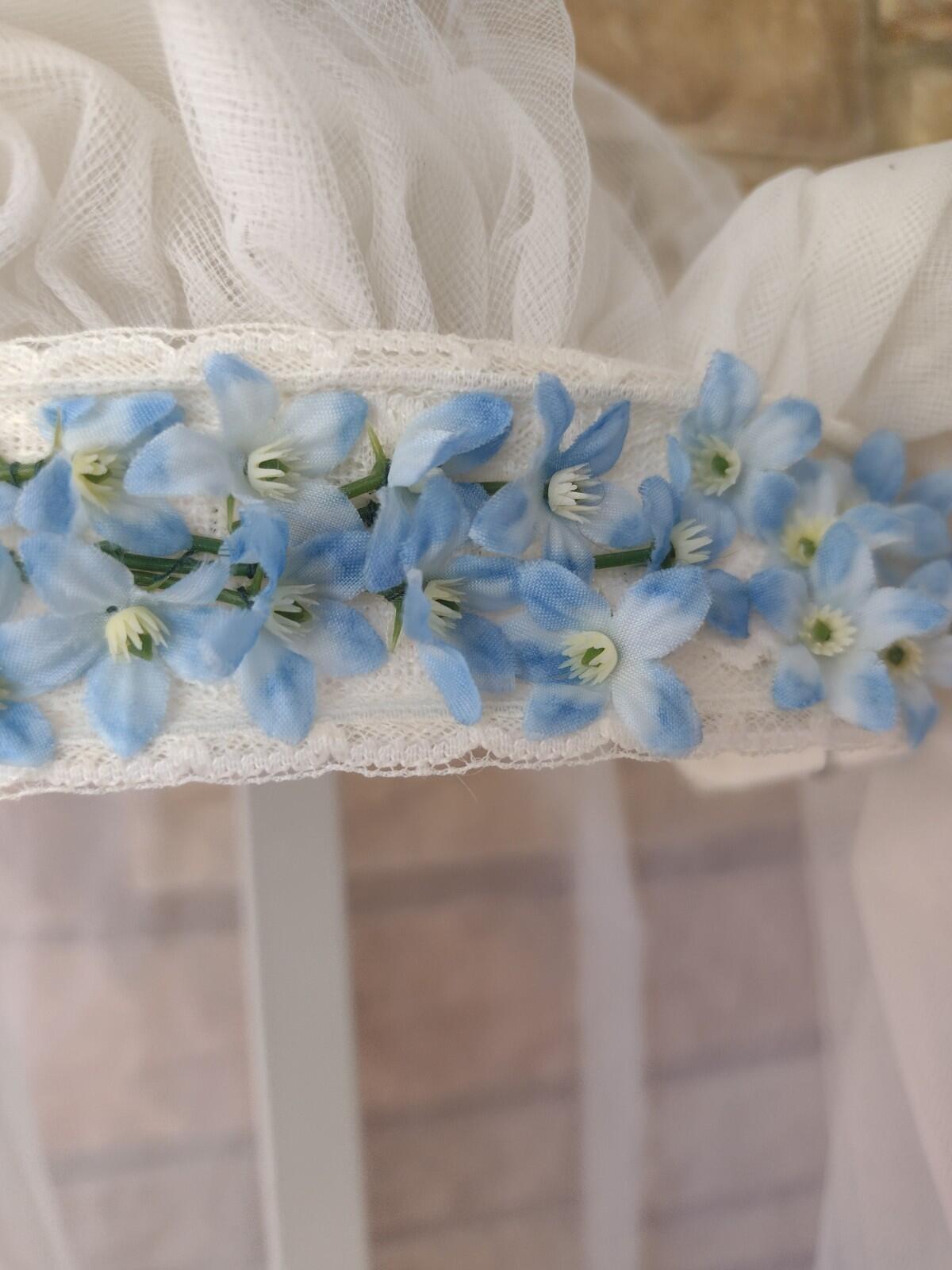 Vintage 1950s Handmade Bridal Juliet Cap Veil w/ Blue Flowers 37” Tulle